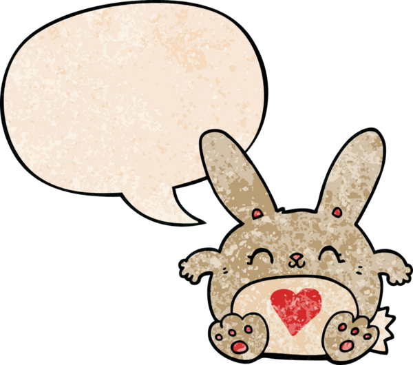 Bir insan tarafından çizilmiş eski dokuda konuşma baloncuğu olan aşk dolu bir çizgi film tavşanı.