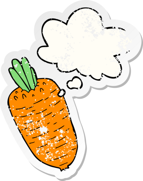 Düşünce baloncuğu olan karikatür sebzesi insan tarafından çizilmiş yıpranmış bir çıkartma.