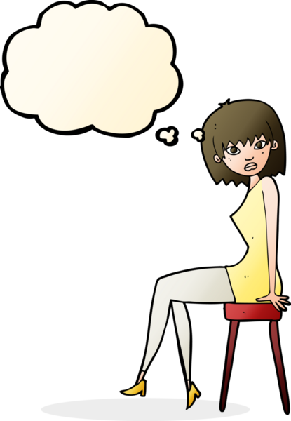 Bir insan tarafından çizilmiş düşünce baloncuğuyla taburede oturan karikatür kadın.