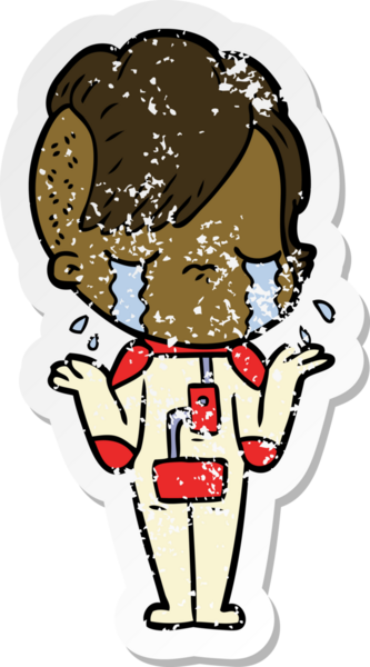 Bir insan tarafından çizilmiş uzay kıyafetleri giyen, ağlayan bir kızın sıkıntılı çıkartması.