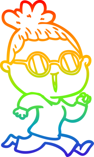 Gökkuşağı gradyan çizgi çizimi bir insan tarafından çizilmiş gözlük takan koşan bir kadının çizimi