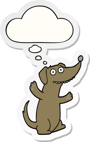 İnsan tarafından çizilmiş bir çıkartma olarak düşünce baloncuğu olan çizgi film köpeği.