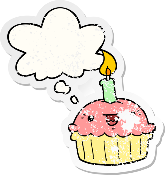 Düşünce baloncuklu mumlu çizgi film keki bir insan tarafından çizilmiş yıpranmış bir çıkartma gibi.