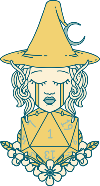 Retro Dövme Tarzı Ağlayan Elf Cadı Doğal bir D20 rulo ile Bir insan tarafından çizilmiş