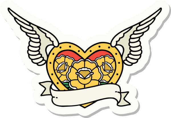 Geleneksel bir dövme stili. Uçan kalp. Çiçekler ve bir insan tarafından çizilmiş bayrak.