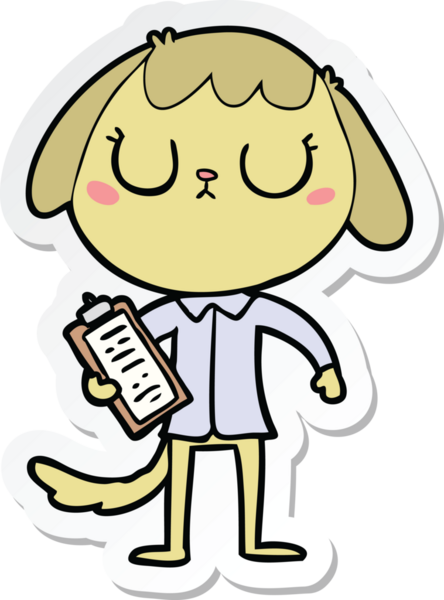 Bir insan tarafından çizilmiş ofis gömleği giyen sevimli bir köpeğin çıkartması.