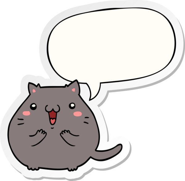 Bir insan tarafından çizilmiş baloncuk çıkartmalı mutlu çizgi film kedisi.