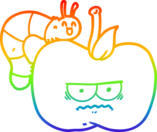 Gökkuşağı gradyan çizgi çizimi bir insan tarafından çizilmiş huysuz elma ve tırtıl