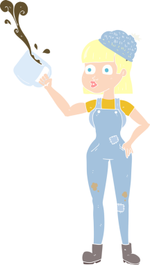 Bir insan tarafından çizilmiş kahve fincanı ile kadın işçinin düz renk çizimi