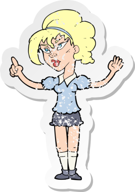 İnsan tarafından çizilmiş bir fikri olan karikatür bir kadının gerilimli retro yapıştırması.