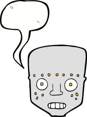 bir insan tarafından çizilmiş konuşma balonlu robot kafası.