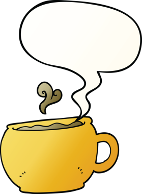 Bir insan tarafından çizilmiş yumuşak eğimli konuşma baloncuklu çizgi film kahve fincanı.