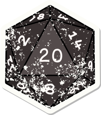 Bir insan tarafından çizilmiş 20 D20 zarının grunge sticker 'ı.