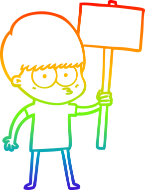 Gökkuşağı gradyan çizgisi bir insan tarafından çizilmiş levhayı tutan gergin bir çizgi film çocuğu çiziyor.