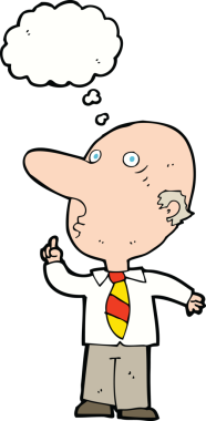 Bir insan tarafından çizilmiş düşünce baloncuğuyla soru soran kel bir adam.