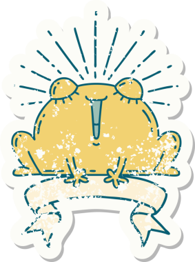 Dövme stili eski bir çıkartma. Bir insan tarafından çizilmiş mutlu kurbağa.