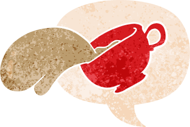 Bir insan tarafından çizilmiş grunge dertli retro desenli konuşma balonlu çizgi film kahve fincanı.