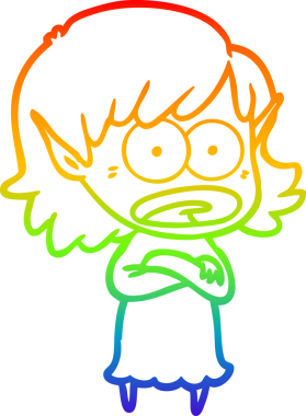 Karikatür çizen gökkuşağı gradyanı bir insan tarafından çizilen elf kızı şok etti.