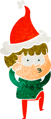 Meraklı bir çocuğun el çizimi karikatürü İnançsızlıkla gözlerini ovuşturan bir insan tarafından çizilmiş Noel Baba şapkası giyen