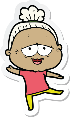 Bir insan tarafından çizilmiş mutlu yaşlı bir kadının çıkartması.