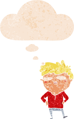 Düşünce baloncuğu içinde sabırsız karikatür adam sıkıntılı retro tarzı bir insan tarafından çizilmiş