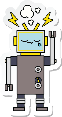 Bir insan tarafından çizilmiş şirin, ağlayan bir robot çıkartması.