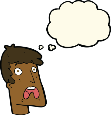 Bir insan tarafından çizilen düşünce baloncuğuyla şok olmuş bir adam.