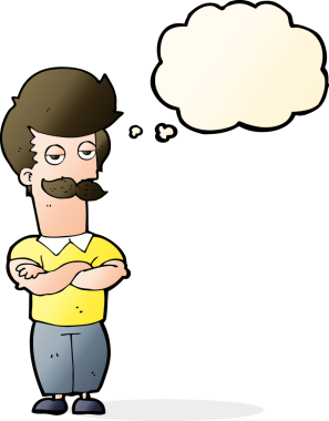 Bir insan tarafından çizilmiş düşünce balonlu bıyıklı kaslı adam.