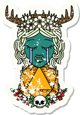 Retro Dövme Tarzı Hüzünlü Yarı Ork Druid Karakteri Bir zar bir insan tarafından çizilmiş