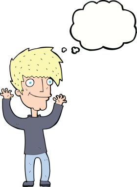 Bir insan tarafından çizilmiş düşünce baloncuğuyla kollarını sallayan çizgi film adamı.