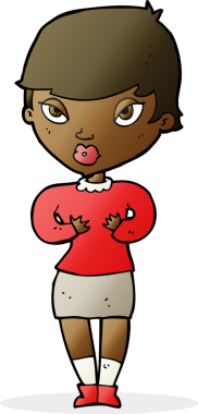 Bir insan tarafından çizilmiş kendine işaret eden karikatür kadını.