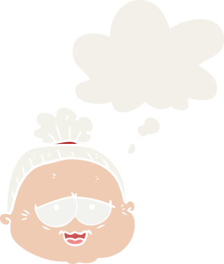 Düşünce baloncuğu olan yaşlı bir kadın insan tarafından çizilmiş.