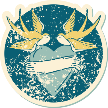 Kederli sembolik dövme stili kırlangıçlar ve bir insan tarafından çizilmiş sancaklı kalp.