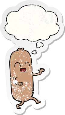 Düşünce baloncuklu çizgi film sosisi insan tarafından çizilmiş yıpranmış bir çıkartma gibi.