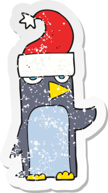 Bir insan tarafından çizilmiş noel şapkalı penguen karikatürünün gerilimli yapıştırması.