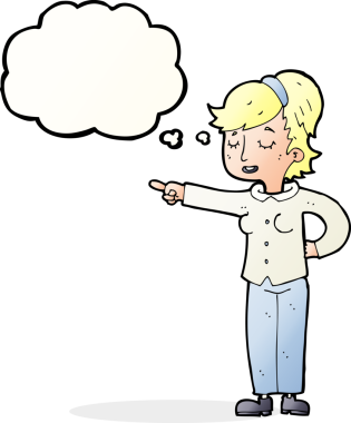 Bir insan tarafından çizilmiş düşünce balonuyla işaret eden çizgi film dostu bir kadın.