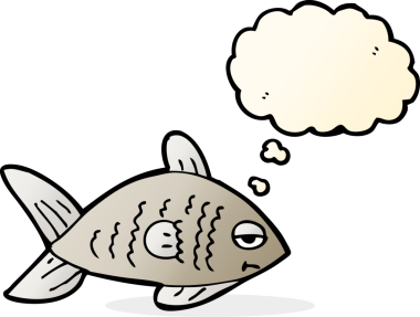 Bir insan tarafından çizilmiş düşünce baloncuklu komik balıklar.