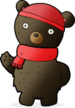 Bir insan tarafından çizilmiş, kış şapkalı ve atkılı siyah ayı.