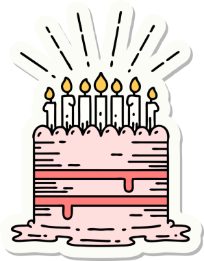 Bir insan tarafından çizilmiş dövme stili doğum günü pastasının çıkartması.