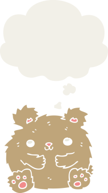 Bir insan tarafından çizilmiş düşünce baloncuğu olan sevimli çizgi film ayısı.