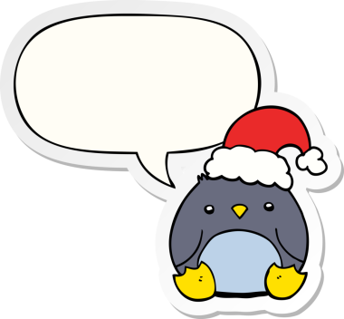 Bir insan tarafından çizilmiş balon çıkartmalı Noel şapkası takan sevimli penguen çizgi filmi.