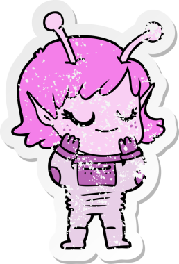 Bir insan tarafından çizilmiş gülümseyen uzaylı kız çizgi filminin sıkıntılı çıkartması.