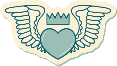 Bir insan tarafından çizilmiş kanatlı bir kalbin geleneksel stiliyle dövme çıkartması.