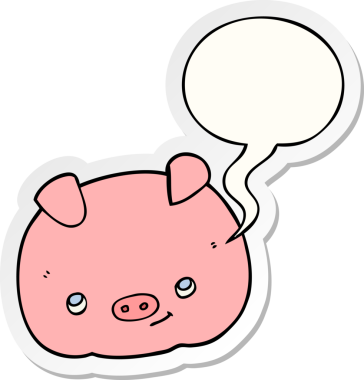 Bir insan tarafından çizilmiş konuşma balonu çıkartmalı mutlu domuz çizgi filmi.