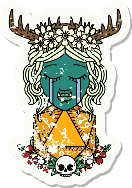 Retro Dövme Tarzı Hüzünlü Yarı Ork Druid Karakteri Bir zar bir insan tarafından çizilmiş