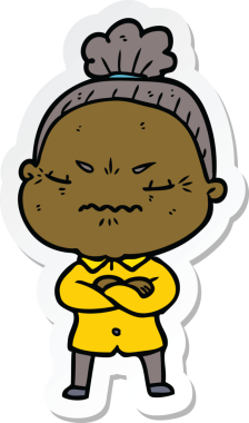 Çizgi film çıkartması. Bir insan tarafından çizilmiş yaşlı bir kadın.