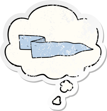 Düşünce baloncuklu çizgi film afişi bir insan tarafından çizilmiş yıpranmış bir çıkartma gibi