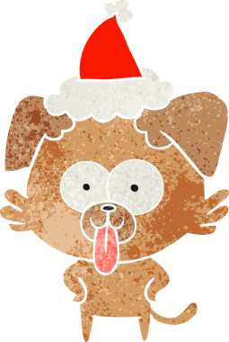 Bir insan tarafından çizilmiş Noel Baba şapkası giymiş, dili dışarı çıkmış bir köpeğin el çizimi karikatürü.