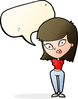 Bir insan tarafından çizilmiş konuşma balonu olan kafası karışık bir kadın çizgi filmi.