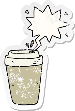 Konuşma balonlu çizgi film kahve fincanı bir insan tarafından çizilmiş sıkıntılı eski bir çıkartma